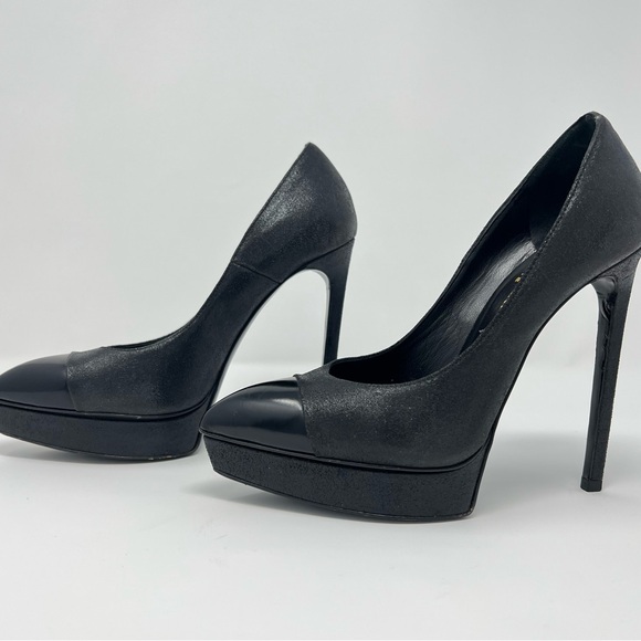 YSL Yves Saint Laurent Leather Tribute Classic Pump Janis Black on Black Sz 37.5 - Picture 2 of 11